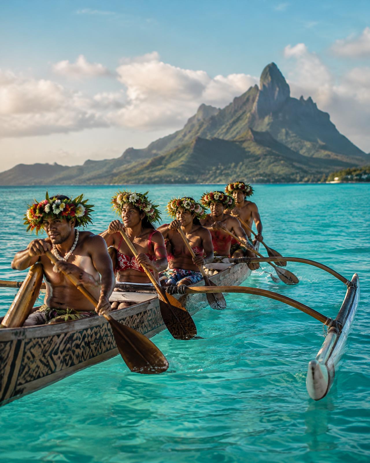 Pagaiatori polinesiani su una canoa va'a tradizionale
