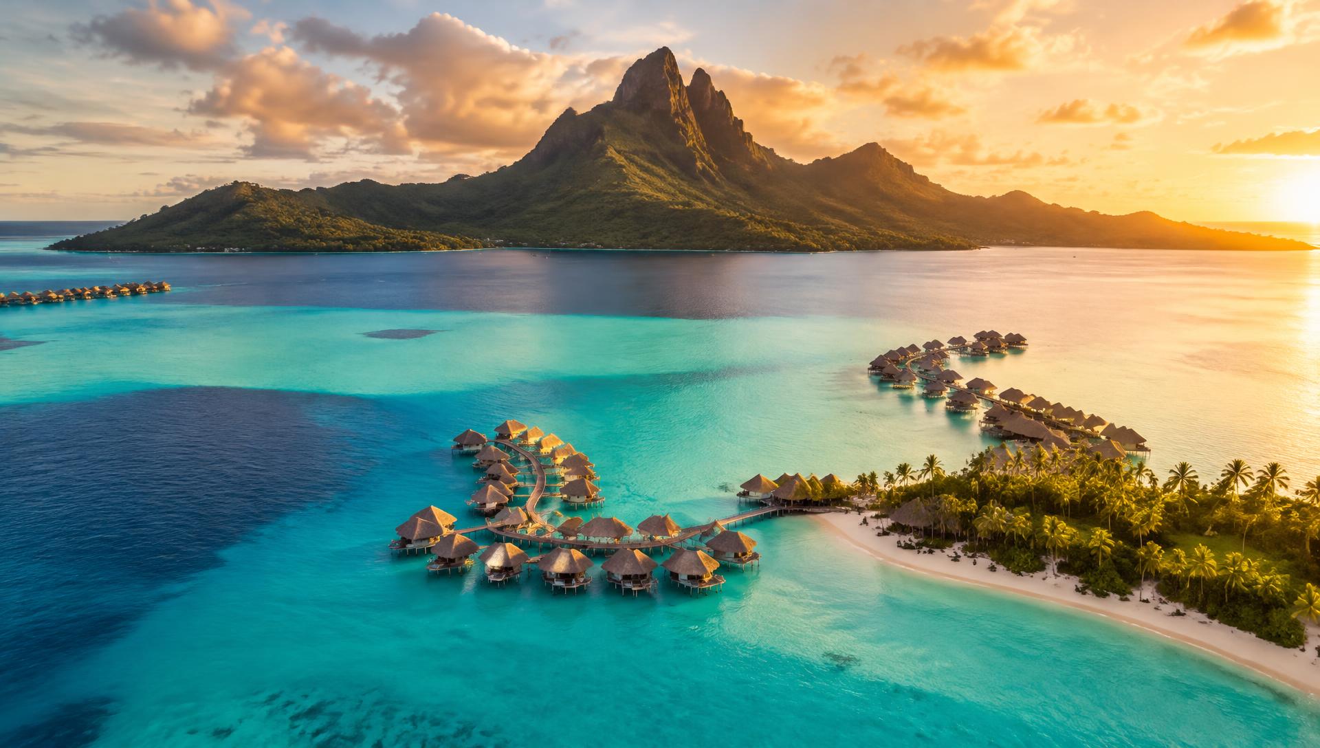 Laguna di Bora Bora al tramonto con il monte Otemanu e i bungalow sull'acqua